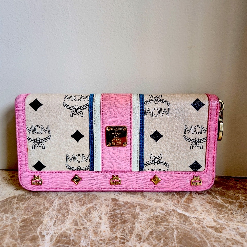MCM Pink Wallet with Vibrant Interior and Structured Design